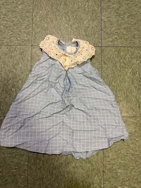 Vintage Polly Flinders Toddler Blue Checkered Dress with Eyelet Lace Bib Collar